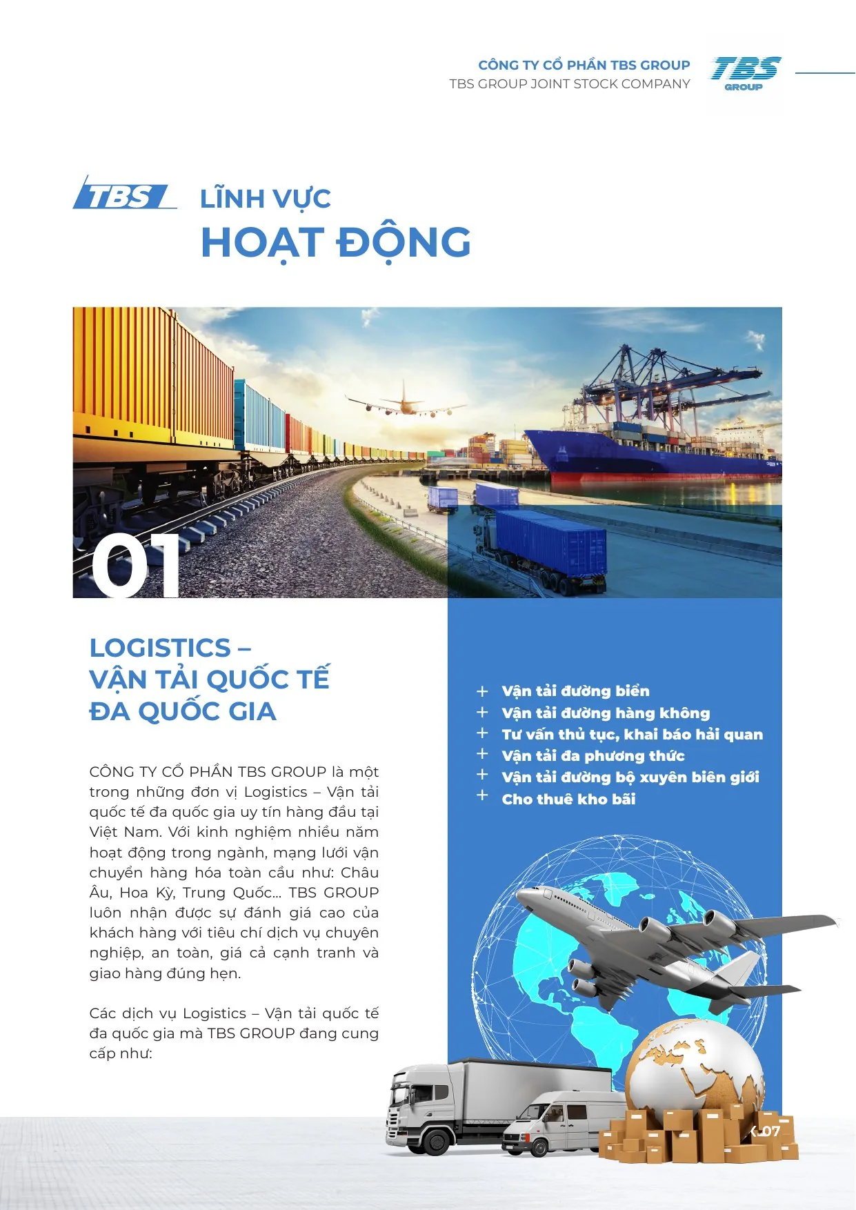 Trang 7: Lĩnh vực hoạt động: logistics và vận tải quốc tế