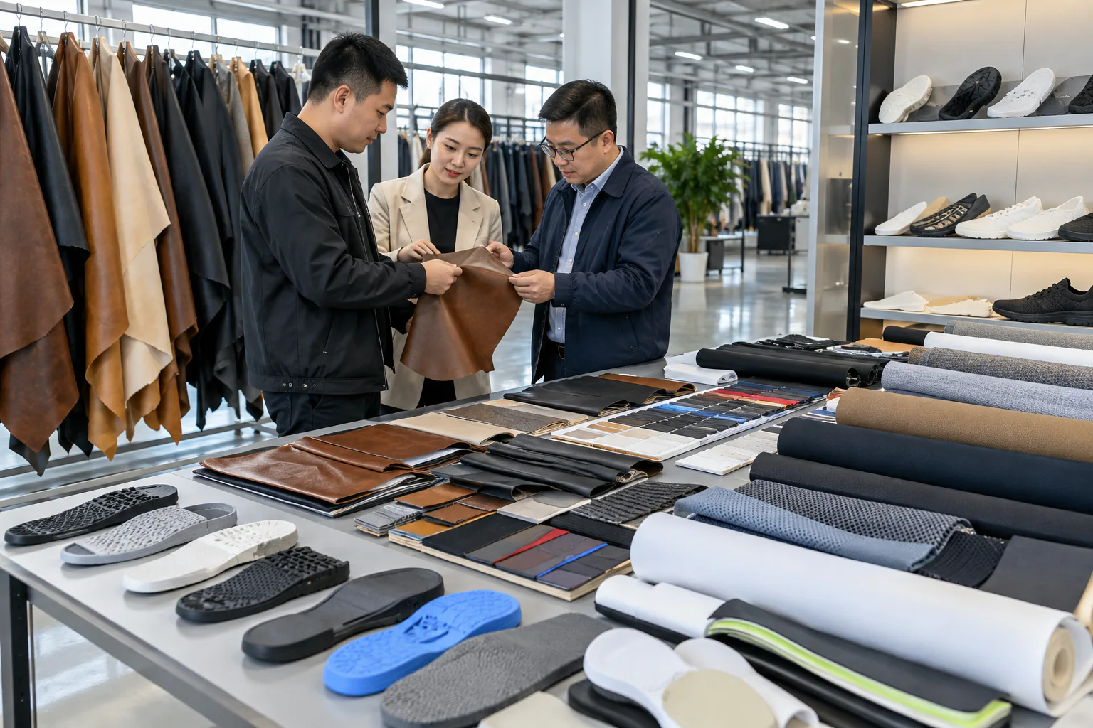 Da, giả da và vật liệu giày tại khu chọn mẫu