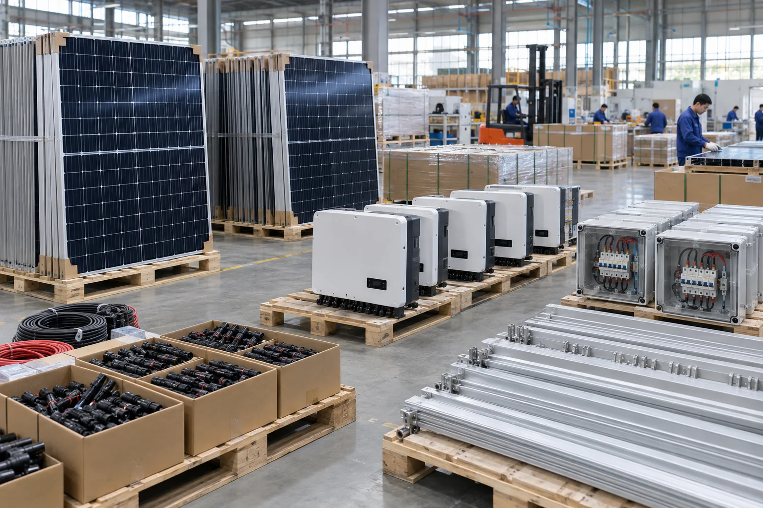 Tấm pin, inverter và phụ kiện điện mặt trời trong kho xuất khẩu