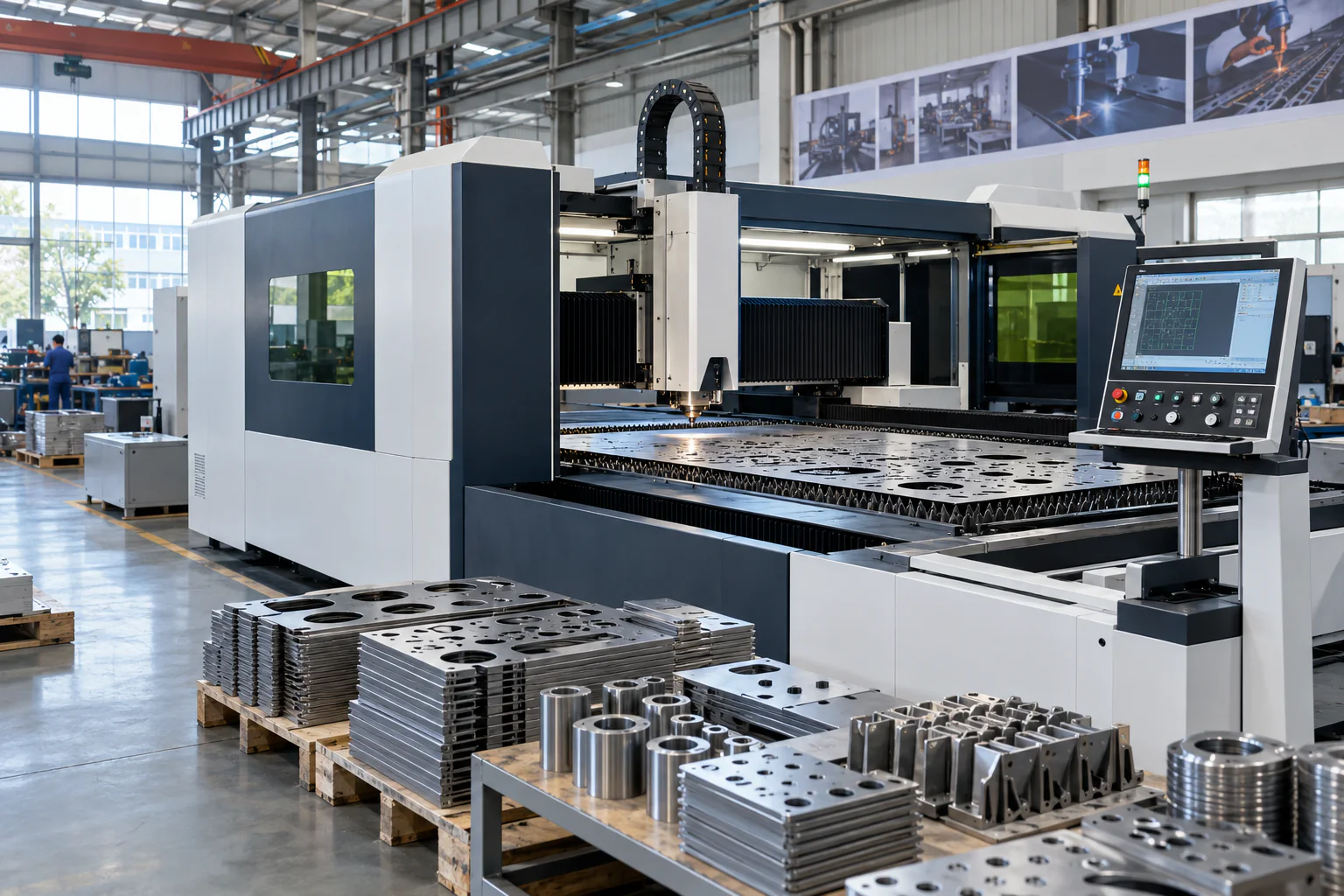 Máy CNC laser và chi tiết kim loại tại xưởng gia công