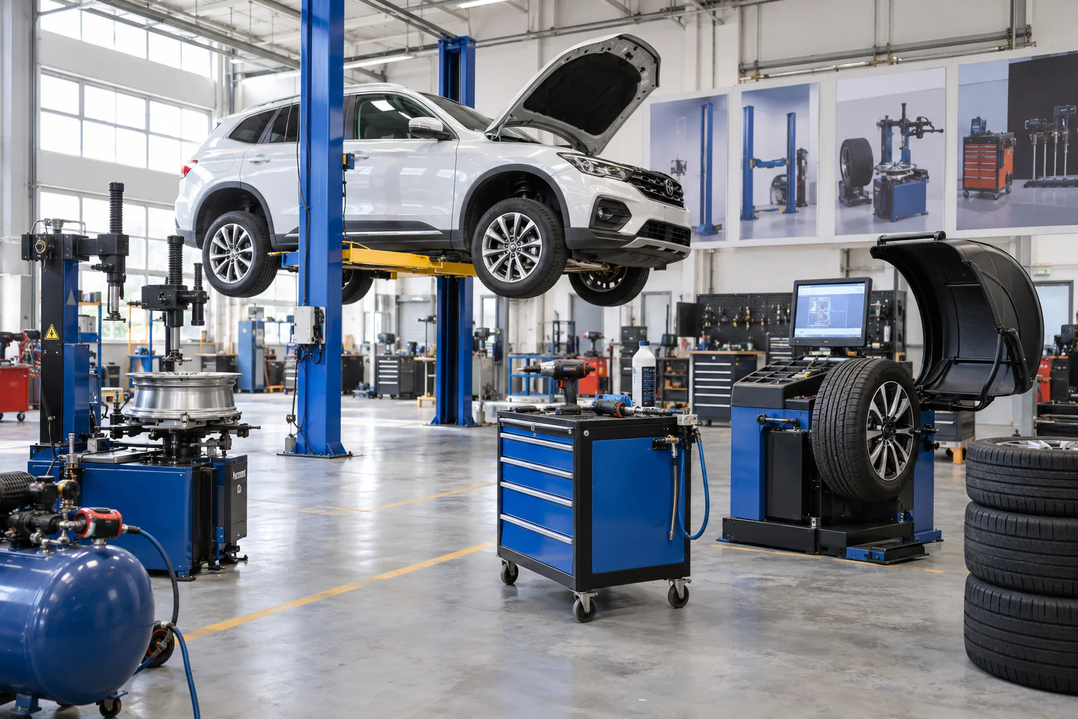 Cầu nâng và thiết bị chẩn đoán trong xưởng garage