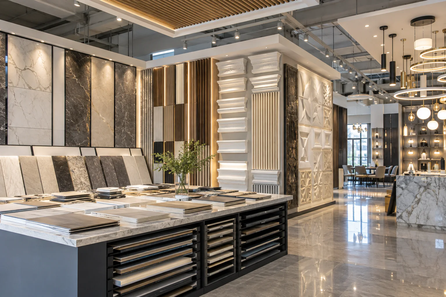 Vật liệu trang trí và đèn công trình trong showroom