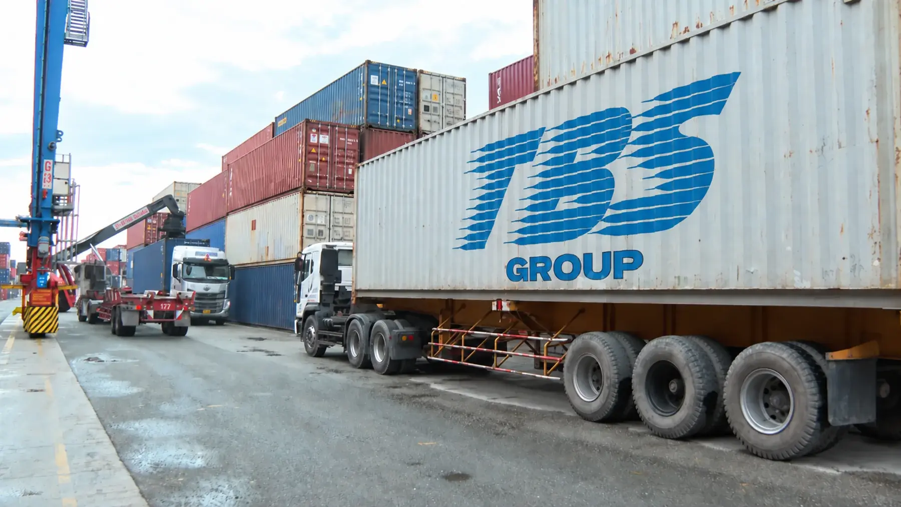 Hình ảnh thương hiệu TBS GROUP trên container tại bãi hàng, minh họa logistics